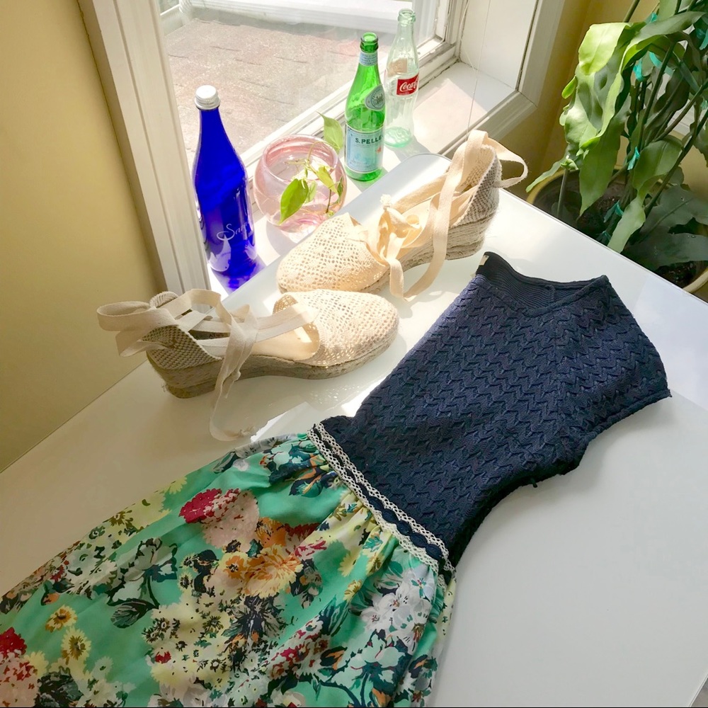 Anthropologie Navy Blue and Turquoise Floral Dress